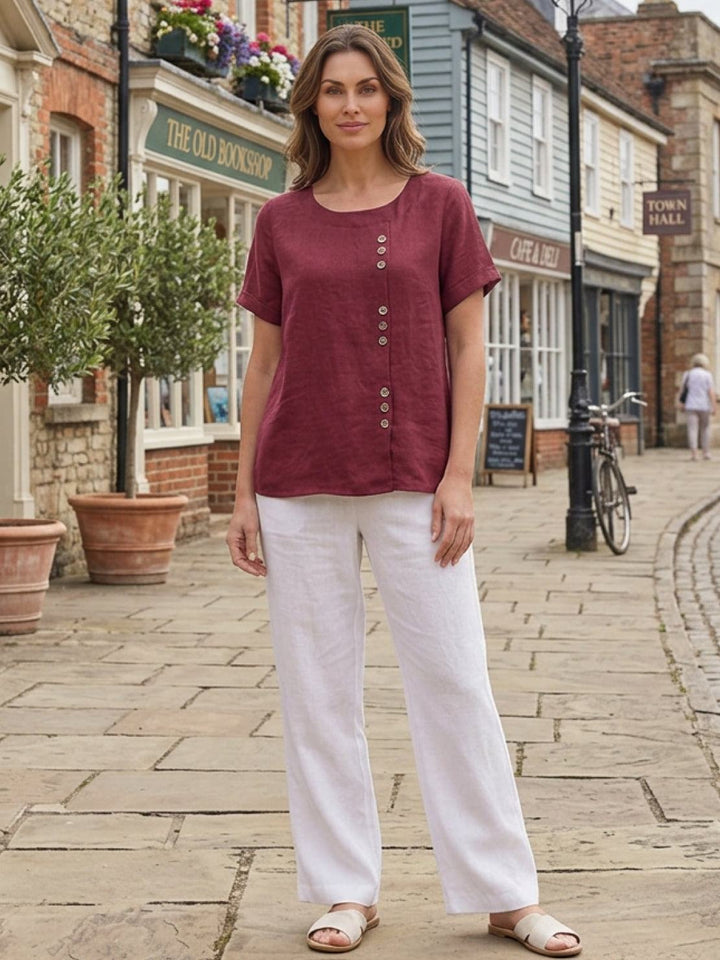 Saoirse | Side-Button Scoop Neck Linen Tunic Blouse