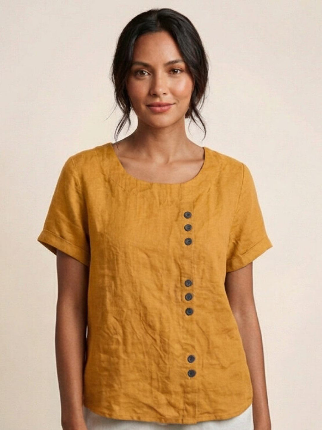 Saoirse | Side-Button Scoop Neck Linen Tunic Blouse