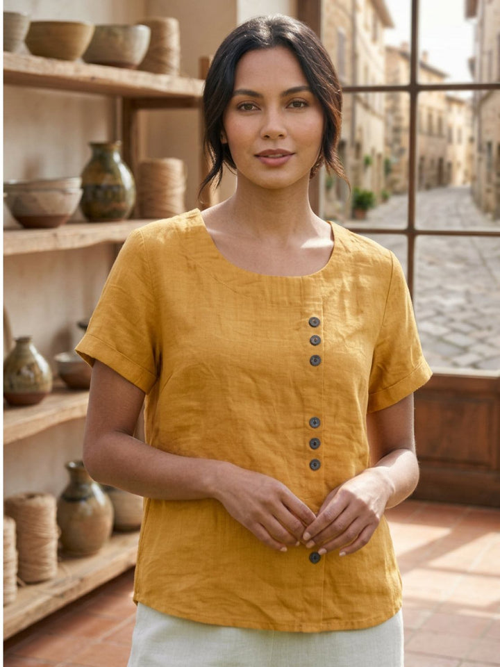 Saoirse | Side-Button Scoop Neck Linen Tunic Blouse