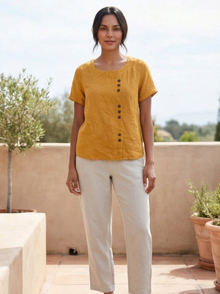 Saoirse | Side-Button Scoop Neck Linen Tunic Blouse