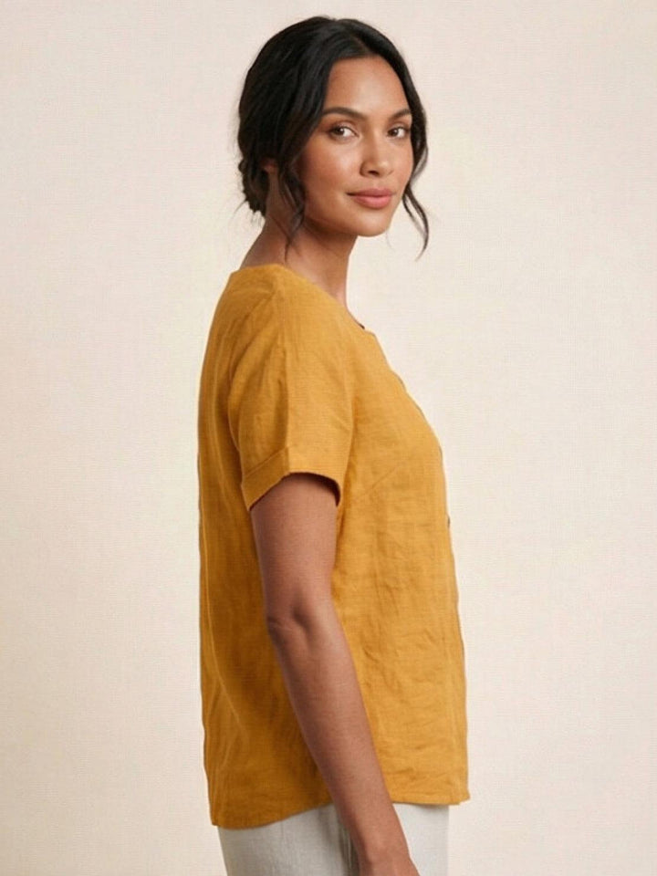 Saoirse | Side-Button Scoop Neck Linen Tunic Blouse