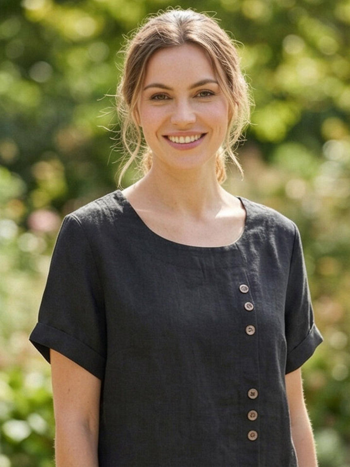 Saoirse | Side-Button Scoop Neck Linen Tunic Blouse