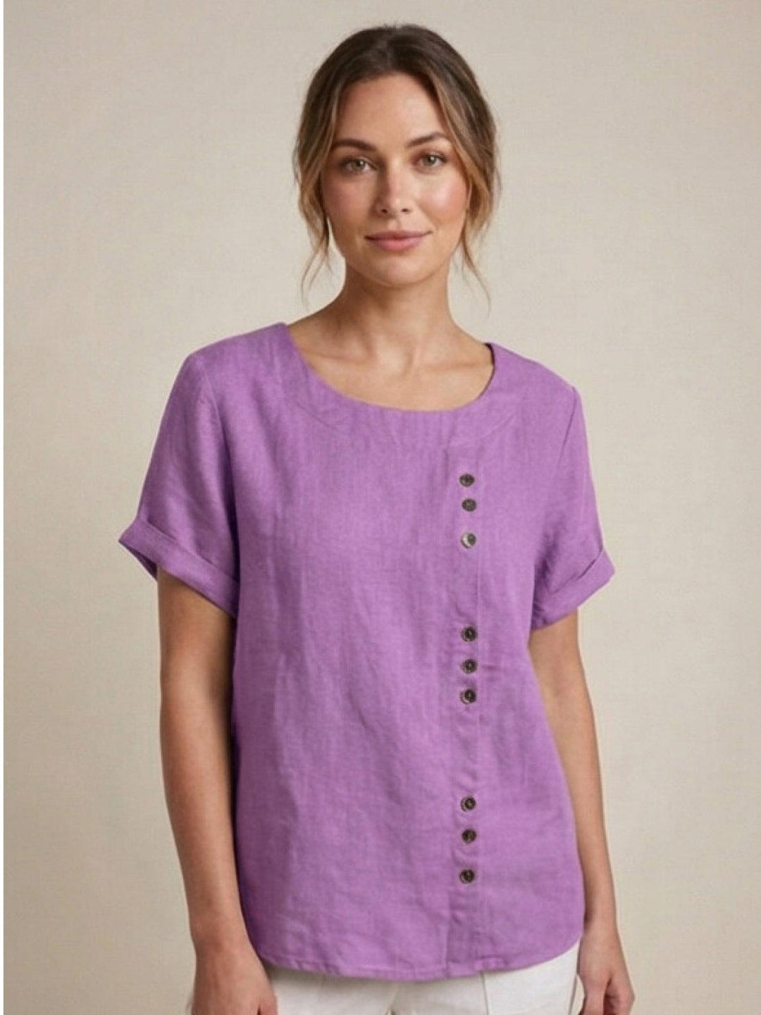 Saoirse | Side-Button Scoop Neck Linen Tunic Blouse