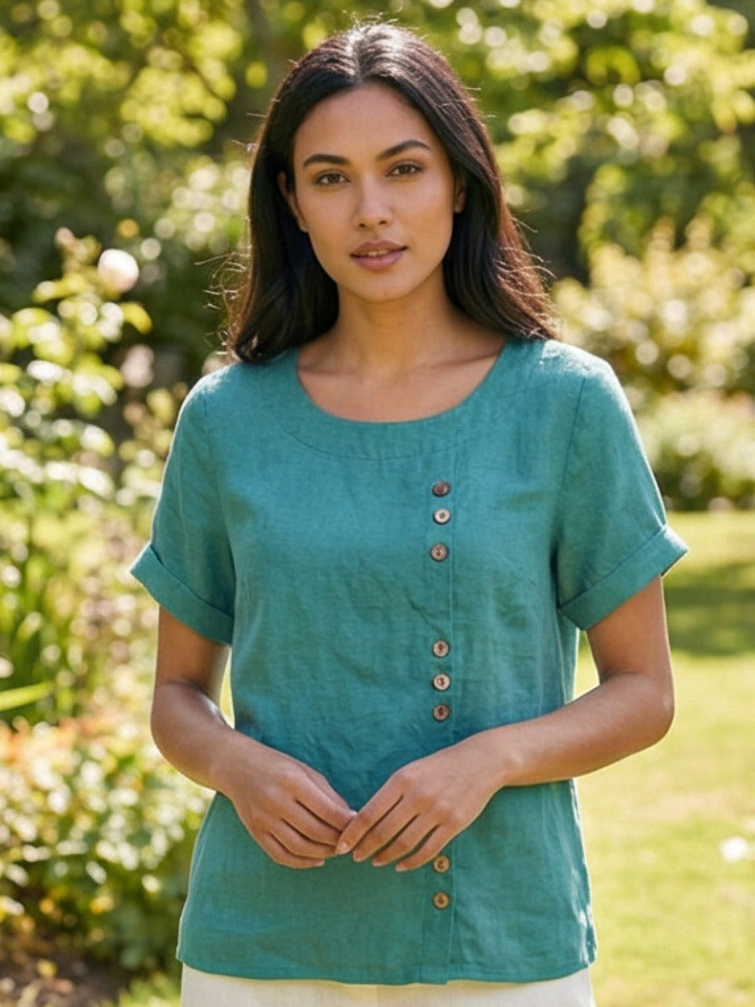 Saoirse | Side-Button Scoop Neck Linen Tunic Blouse