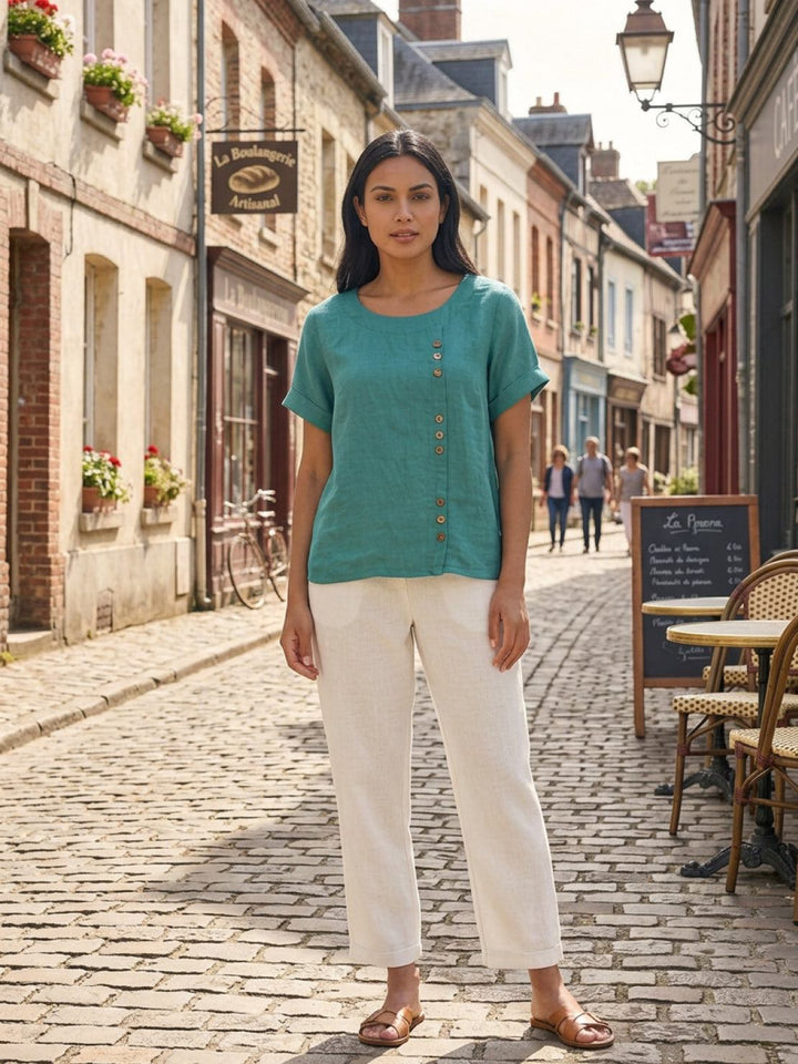 Saoirse | Side-Button Scoop Neck Linen Tunic Blouse