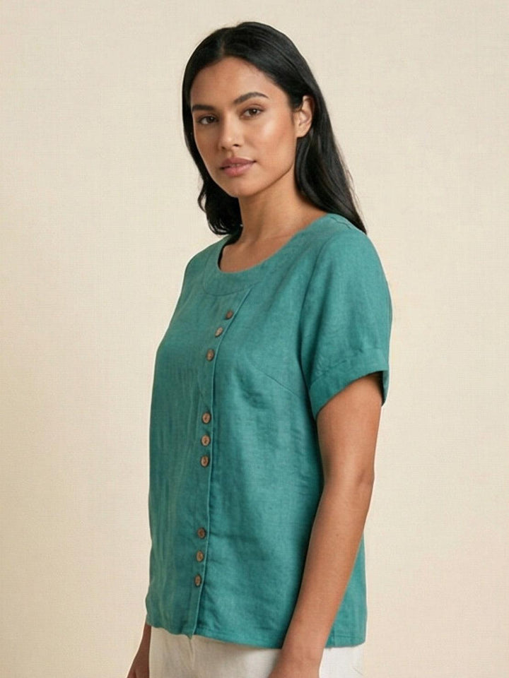 Saoirse | Side-Button Scoop Neck Linen Tunic Blouse