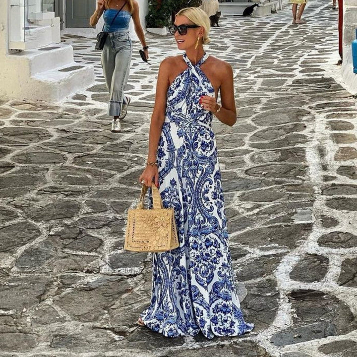 Santorini | Baroque Print Sleeveless Halter Neck Maxi Dress