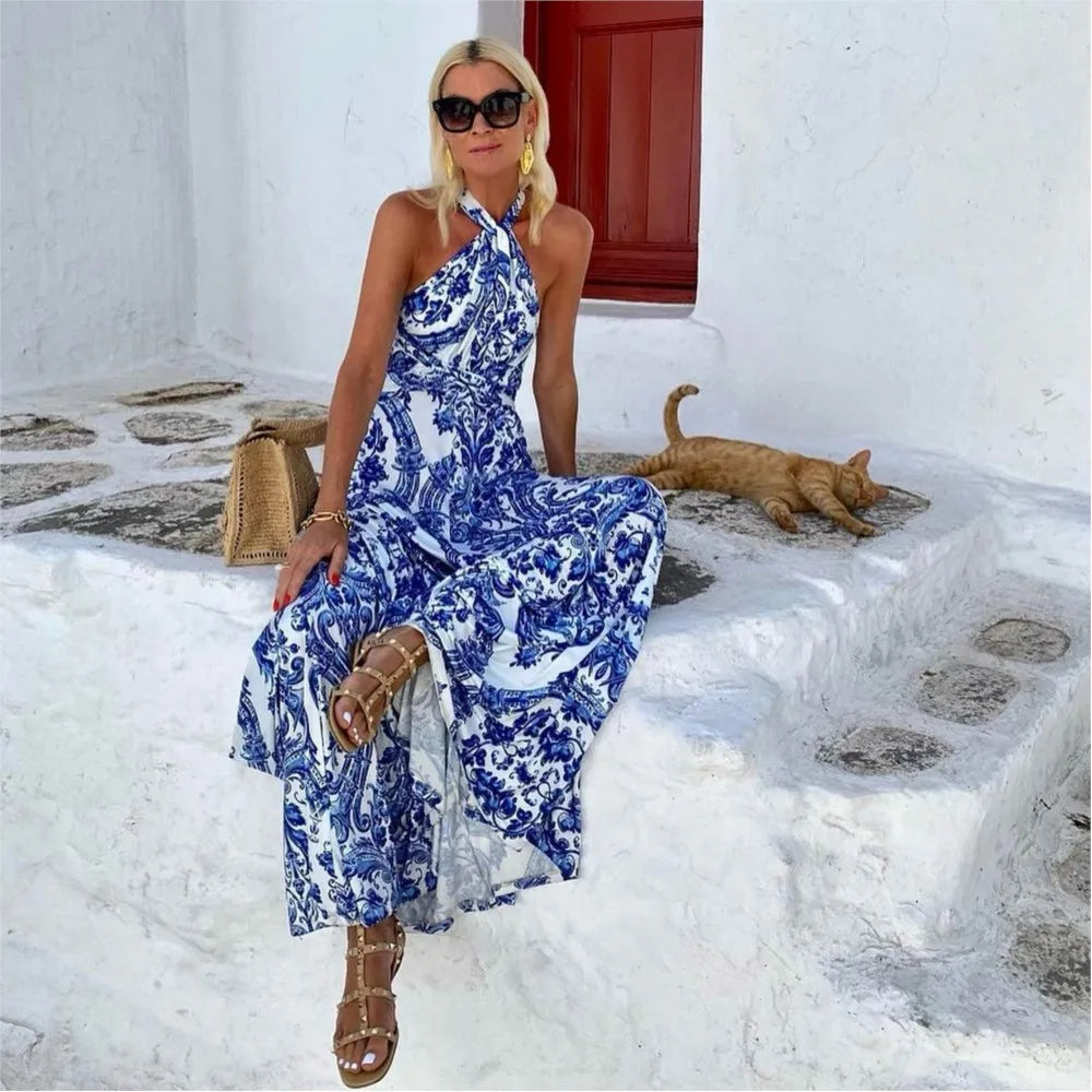Santorini | Baroque Print Sleeveless Halter Neck Maxi Dress