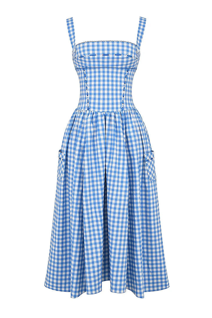 Vivien | Gingham Bustier Womens Pleated Midi Dress with Pockets