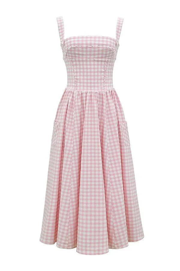 Vivien | Gingham Bustier Womens Pleated Midi Dress with Pockets