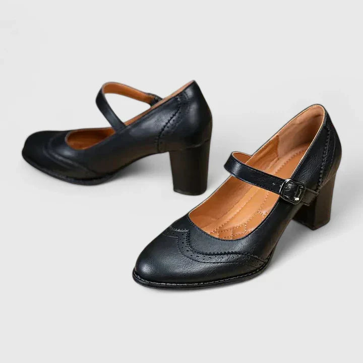 Scarlett | Brogue Pointed Toe Block Heel Mary Jane Flats