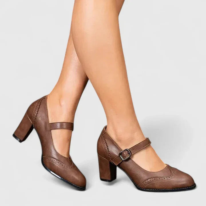 Scarlett | Brogue Pointed Toe Block Heel Mary Jane Flats