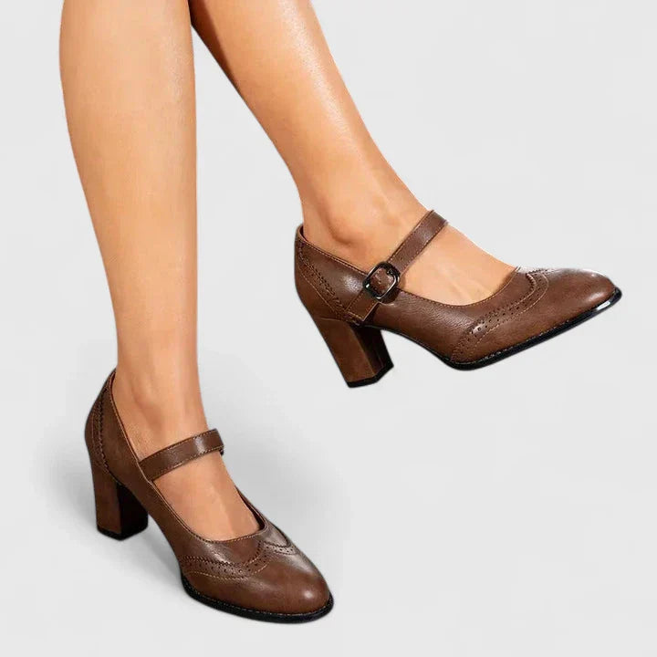 Scarlett | Brogue Pointed Toe Block Heel Mary Jane Flats
