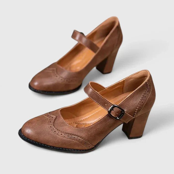 Scarlett | Brogue Pointed Toe Block Heel Mary Jane Flats