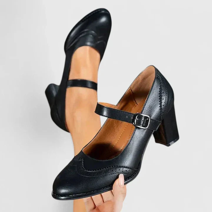 Scarlett | Brogue Pointed Toe Block Heel Mary Jane Flats