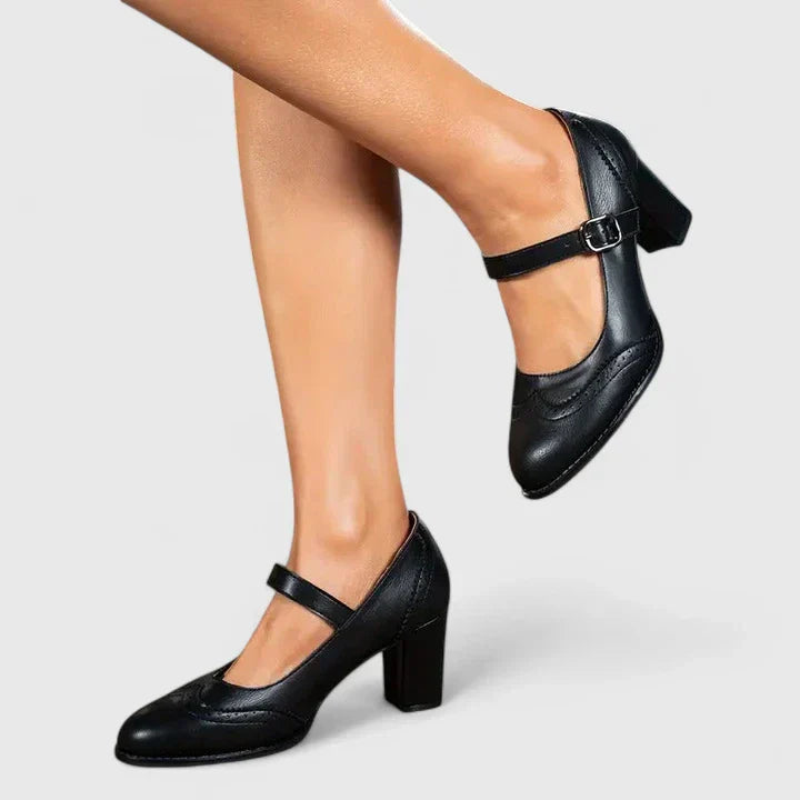 Scarlett | Brogue Pointed Toe Block Heel Mary Jane Flats