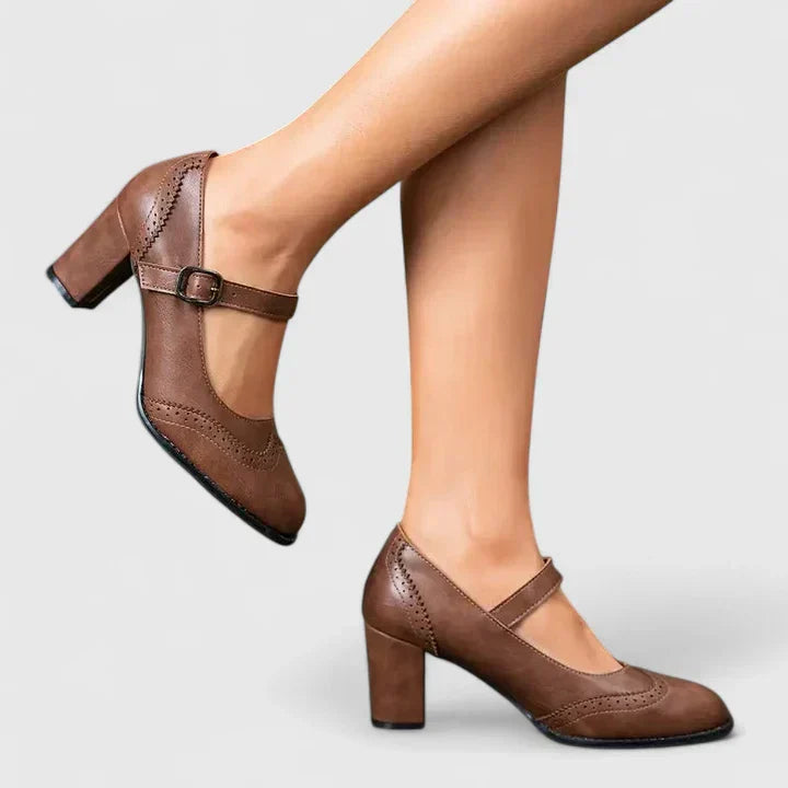 Scarlett | Brogue Pointed Toe Block Heel Mary Jane Flats