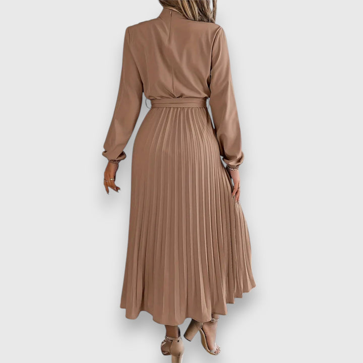 Grace | High Neck Bow Belt Pleated Long Sleeve Midi Dress