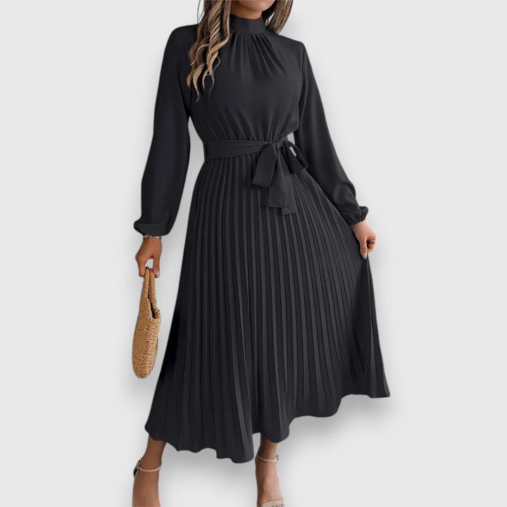 Grace | High Neck Bow Belt Pleated Long Sleeve Midi Dress