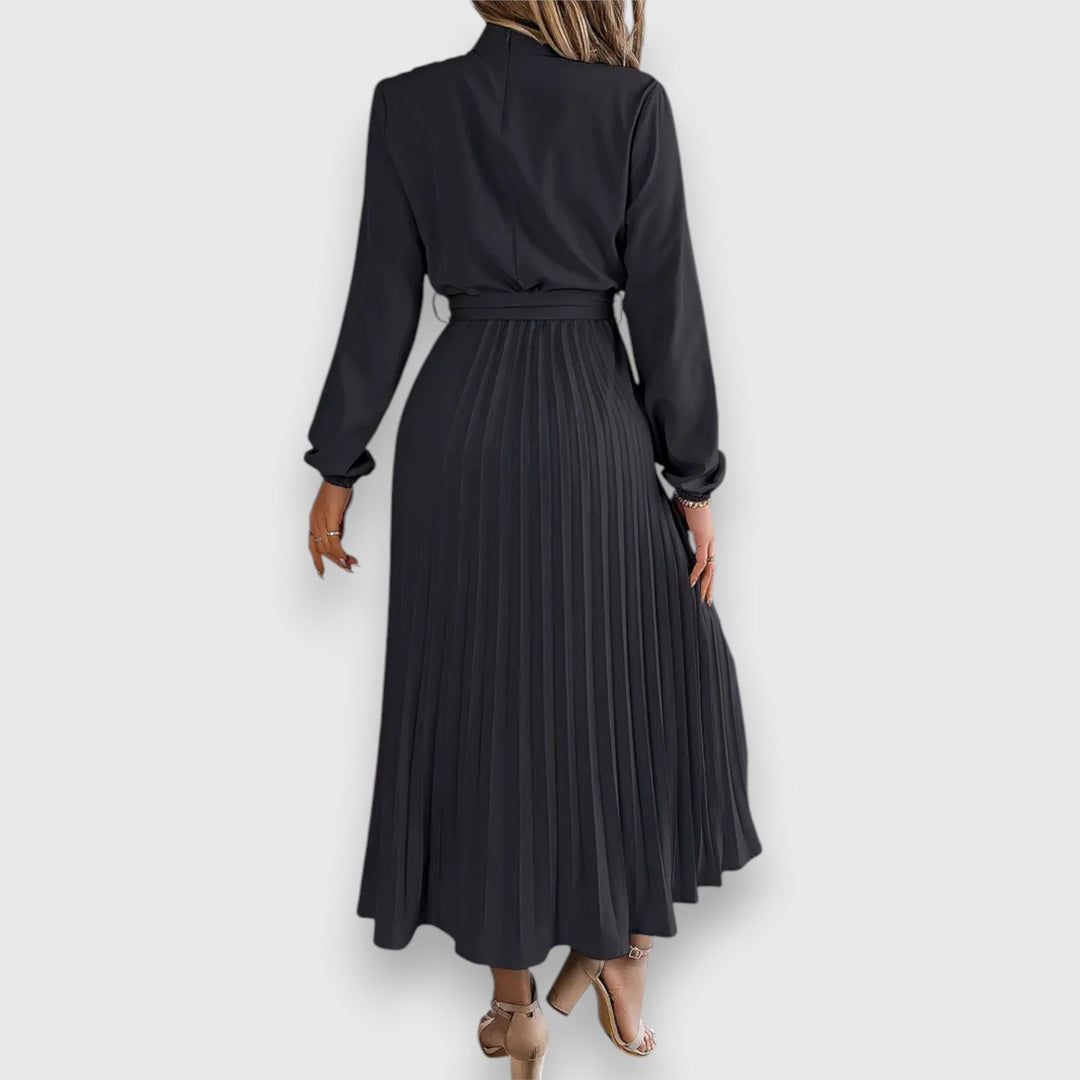 Grace | High Neck Bow Belt Pleated Long Sleeve Midi Dress