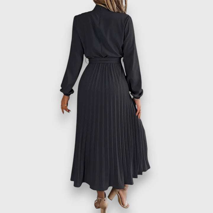 Grace | High Neck Bow Belt Pleated Long Sleeve Midi Dress