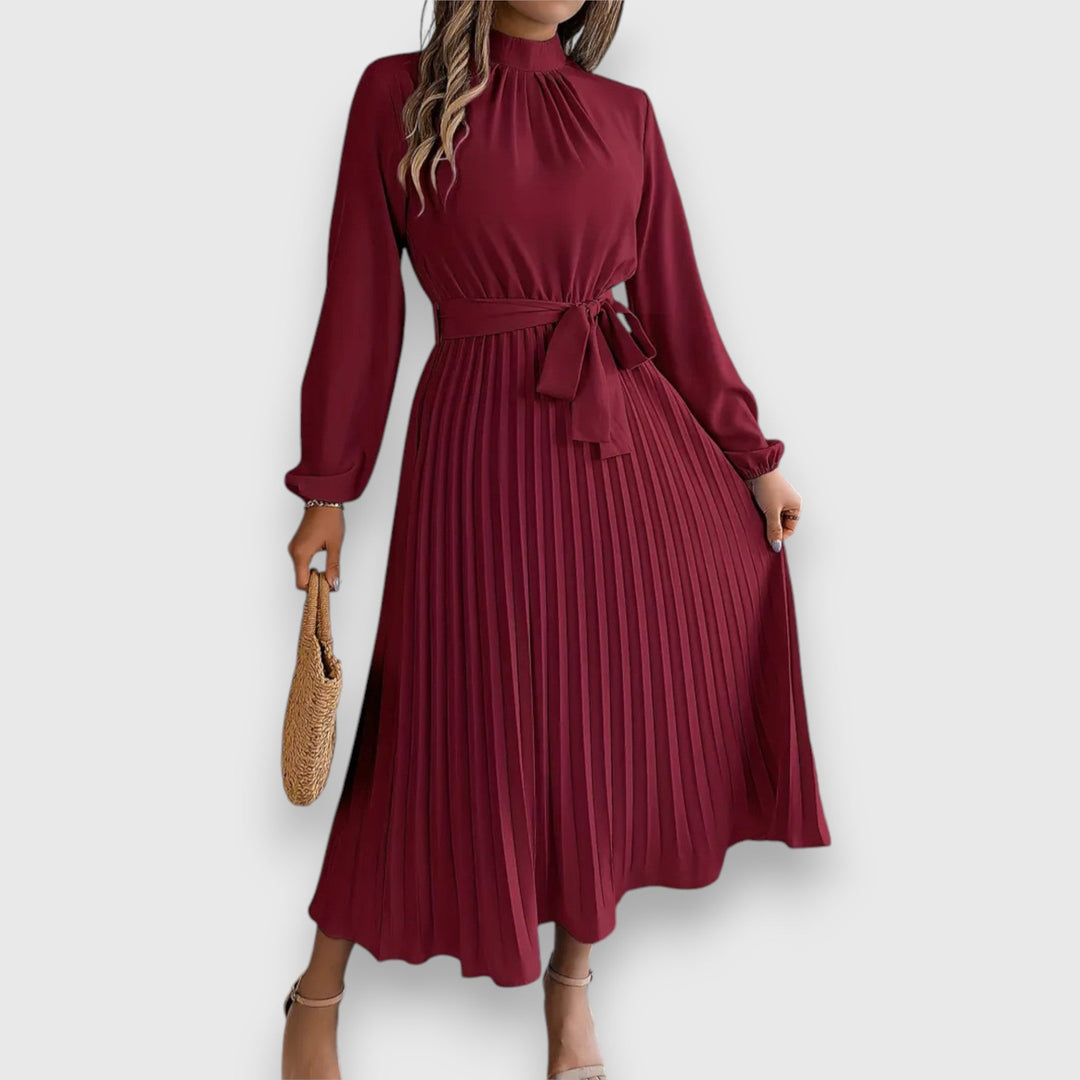 Grace | High Neck Bow Belt Pleated Long Sleeve Midi Dress