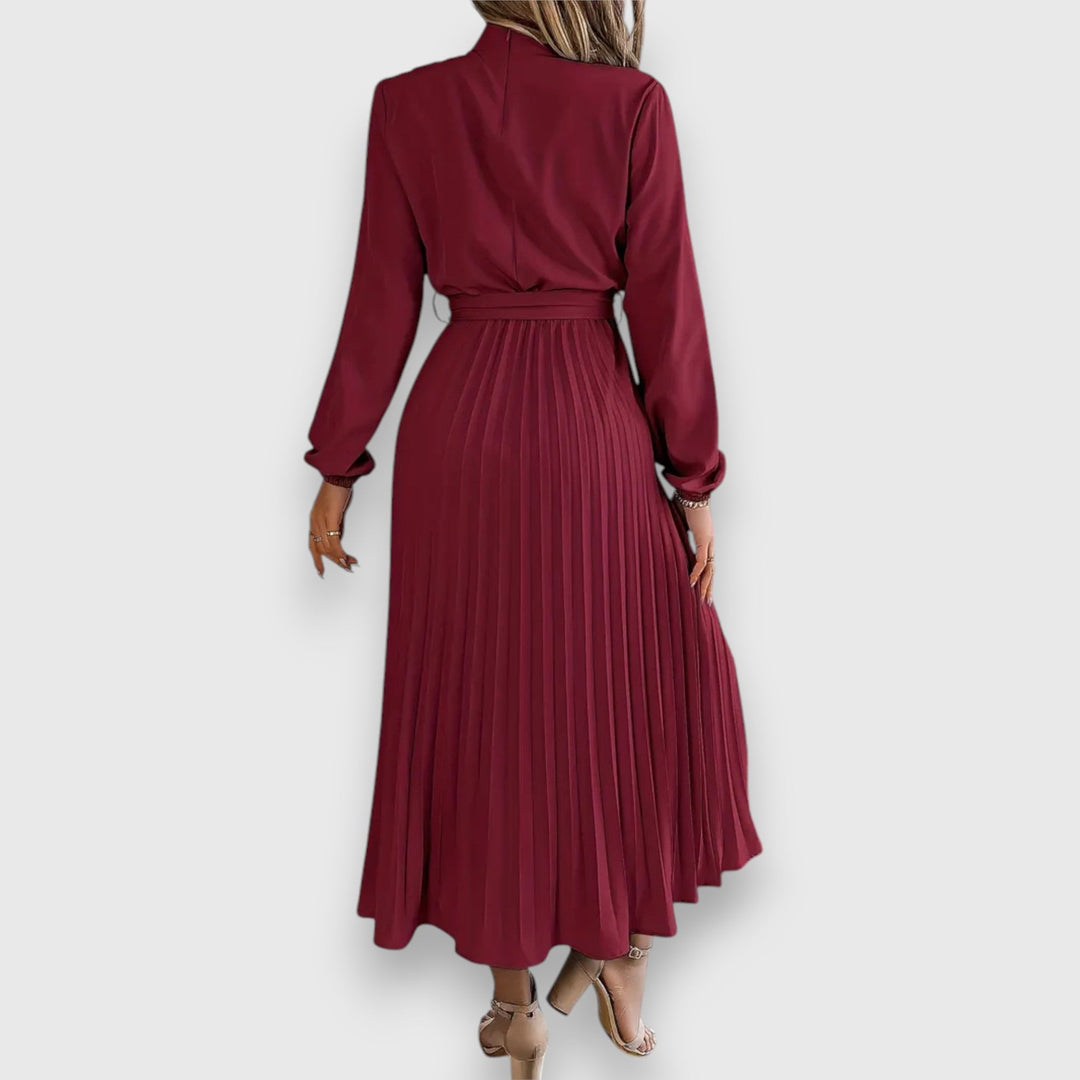 Grace | High Neck Bow Belt Pleated Long Sleeve Midi Dress