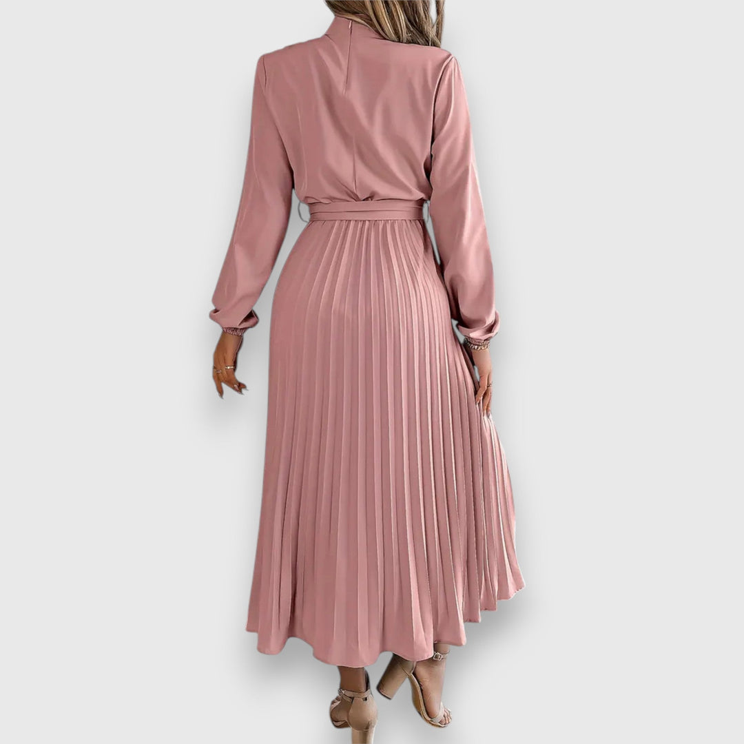 Grace | High Neck Bow Belt Pleated Long Sleeve Midi Dress
