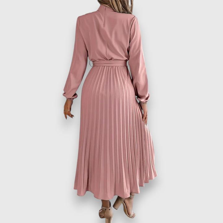 Grace | High Neck Bow Belt Pleated Long Sleeve Midi Dress