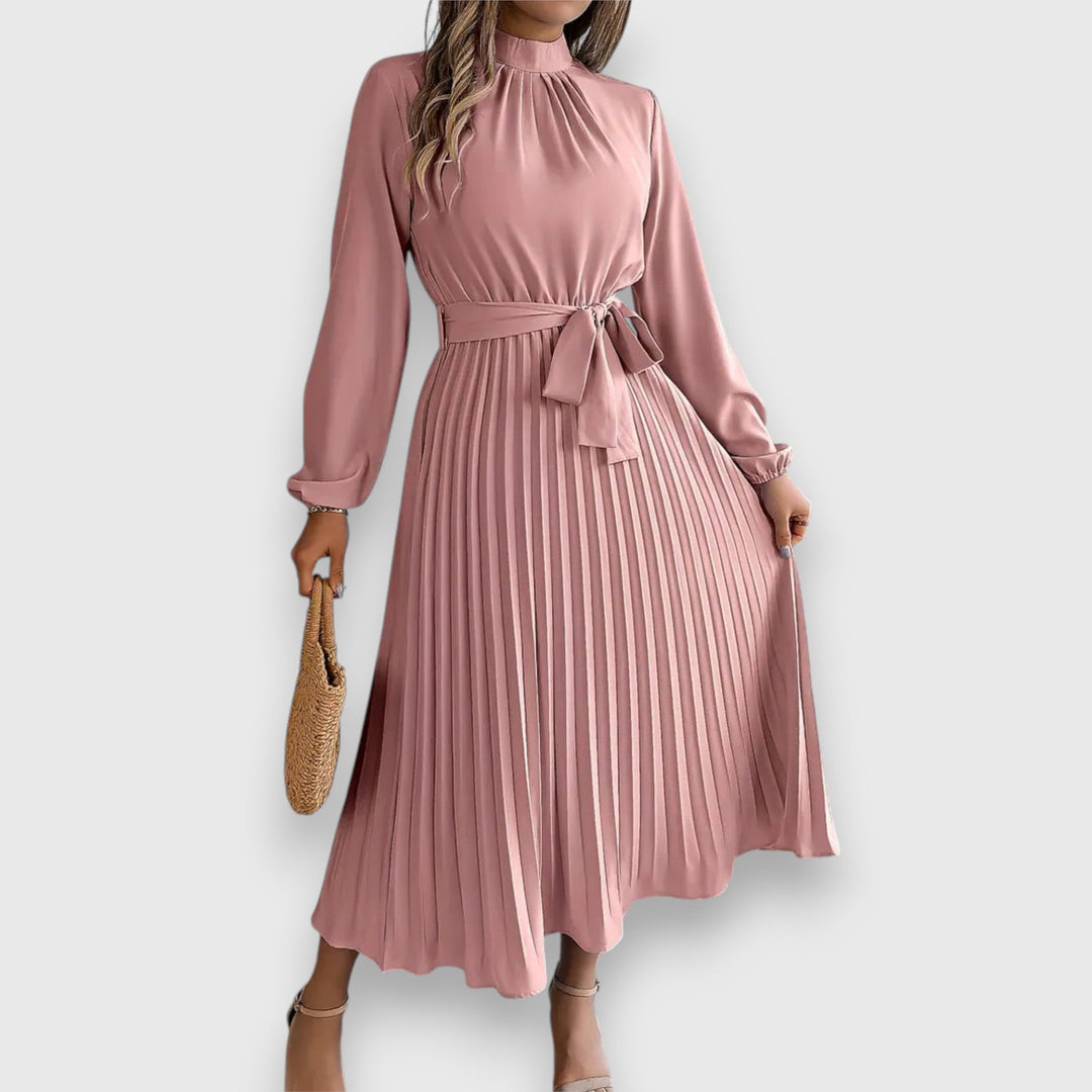 Grace | High Neck Bow Belt Pleated Long Sleeve Midi Dress