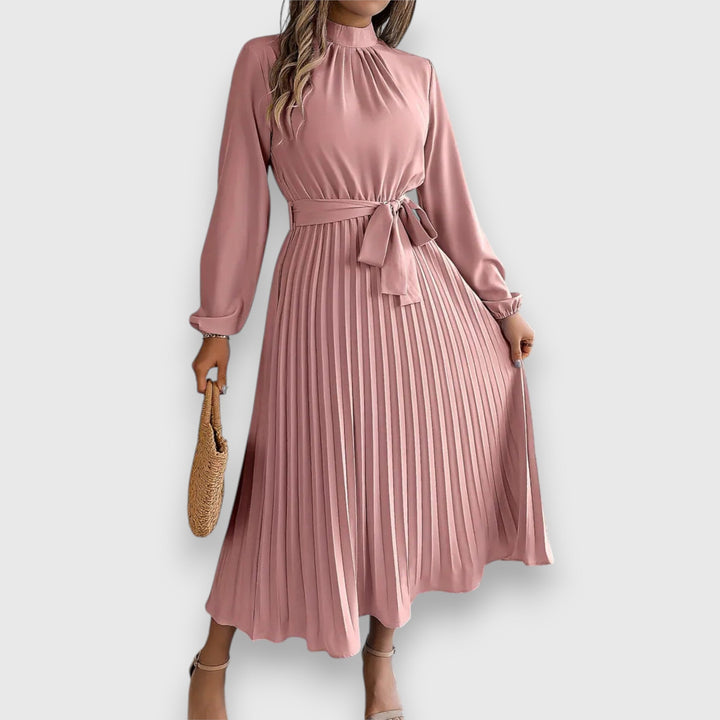 Grace | High Neck Bow Belt Pleated Long Sleeve Midi Dress