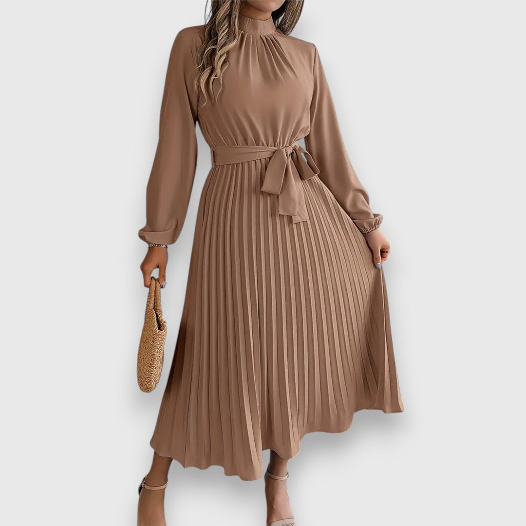 Grace | High Neck Bow Belt Pleated Long Sleeve Midi Dress