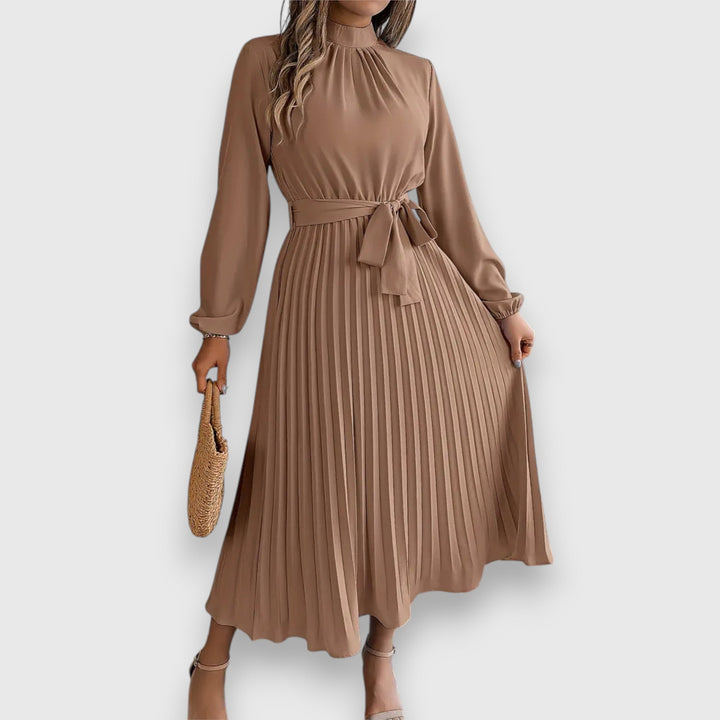 Grace | High Neck Bow Belt Pleated Long Sleeve Midi Dress