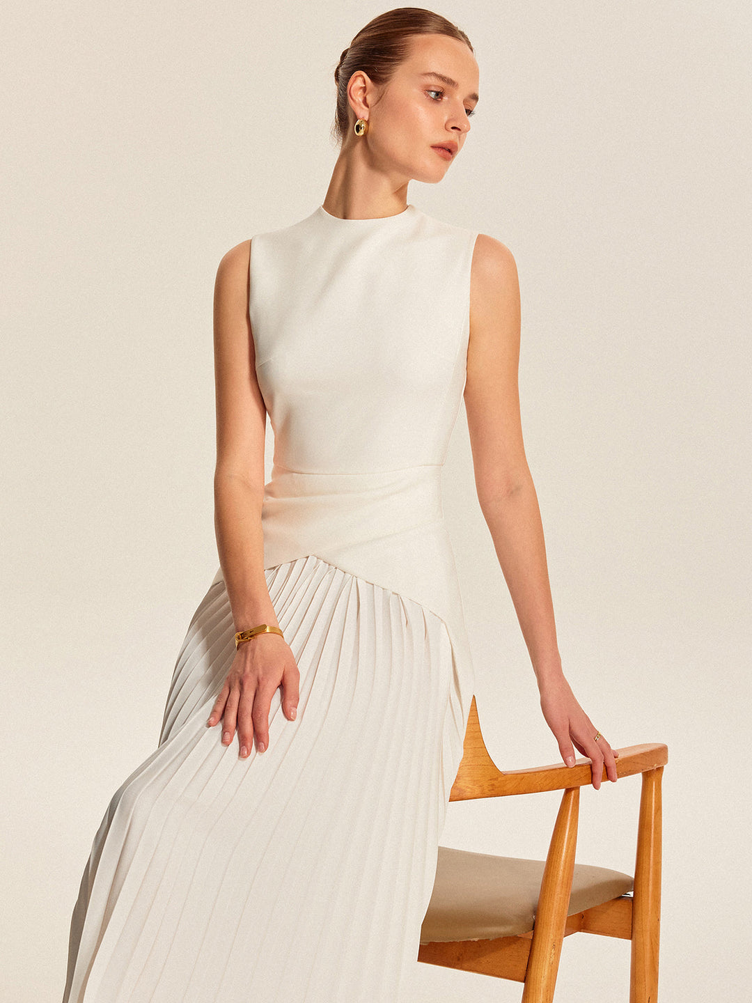 Vesper | Asymmetric Mock-Neck Womens Pleated Midi Dress Sleeveless