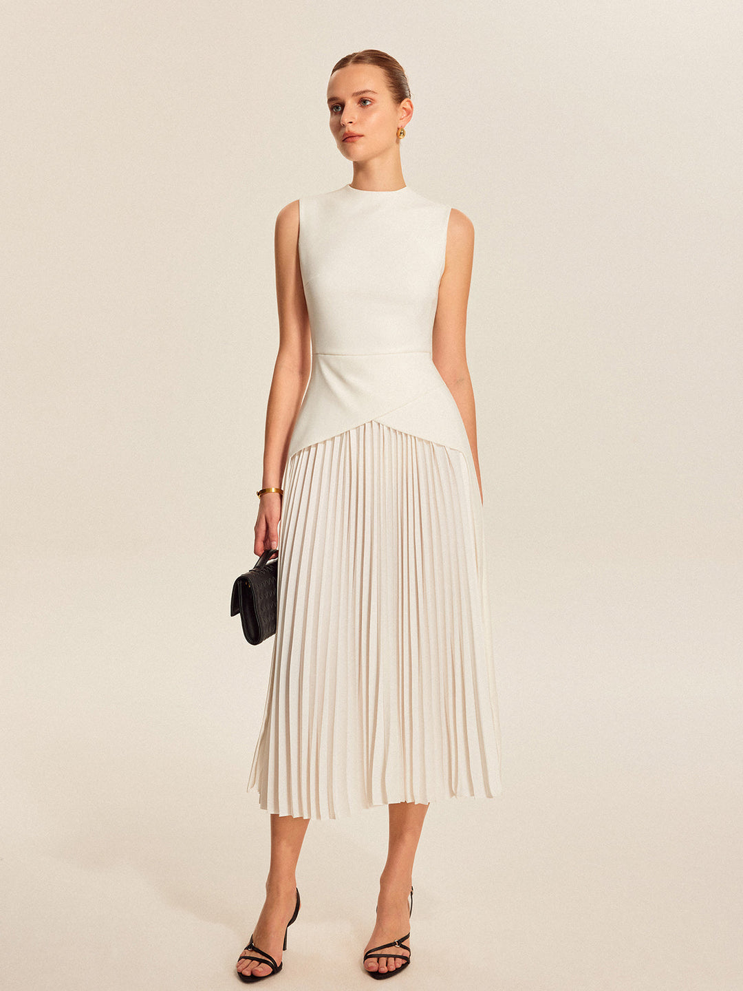 Vesper | Asymmetric Mock-Neck Womens Pleated Midi Dress Sleeveless