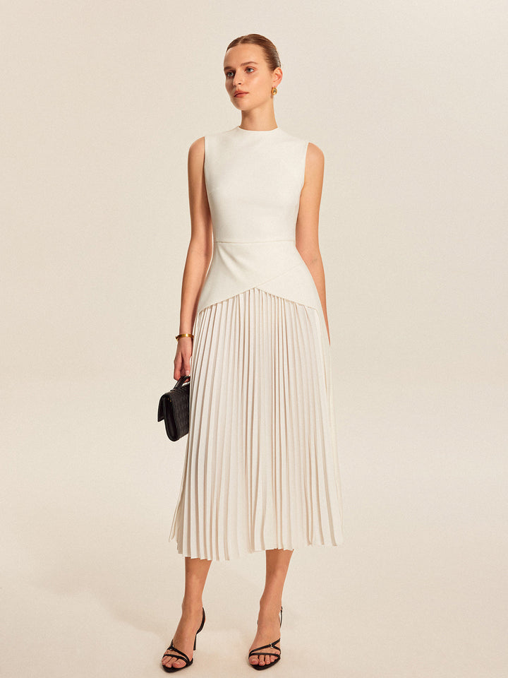 Vesper | Asymmetric Mock-Neck Womens Pleated Midi Dress Sleeveless