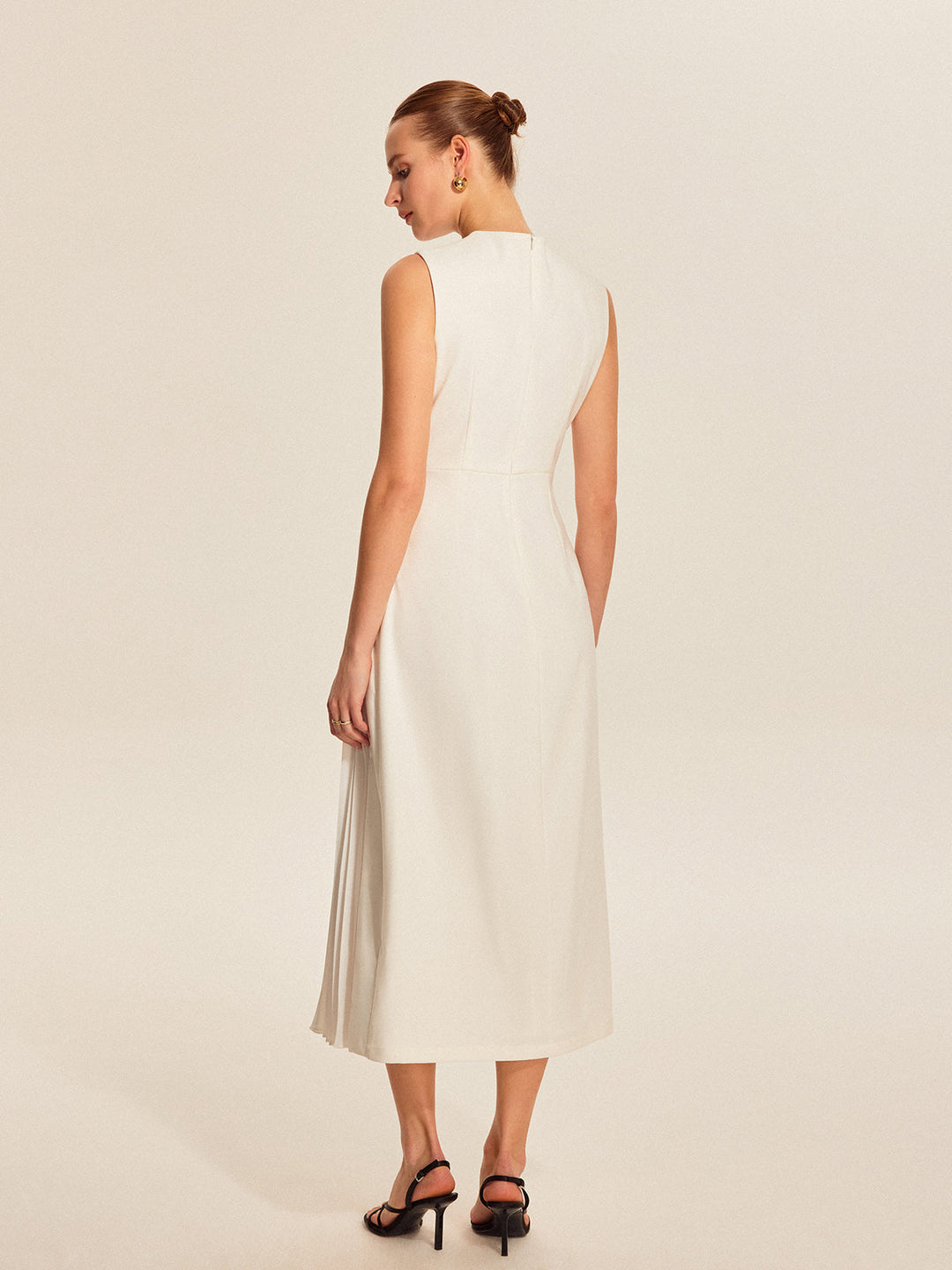 Vesper | Asymmetric Mock-Neck Womens Pleated Midi Dress Sleeveless