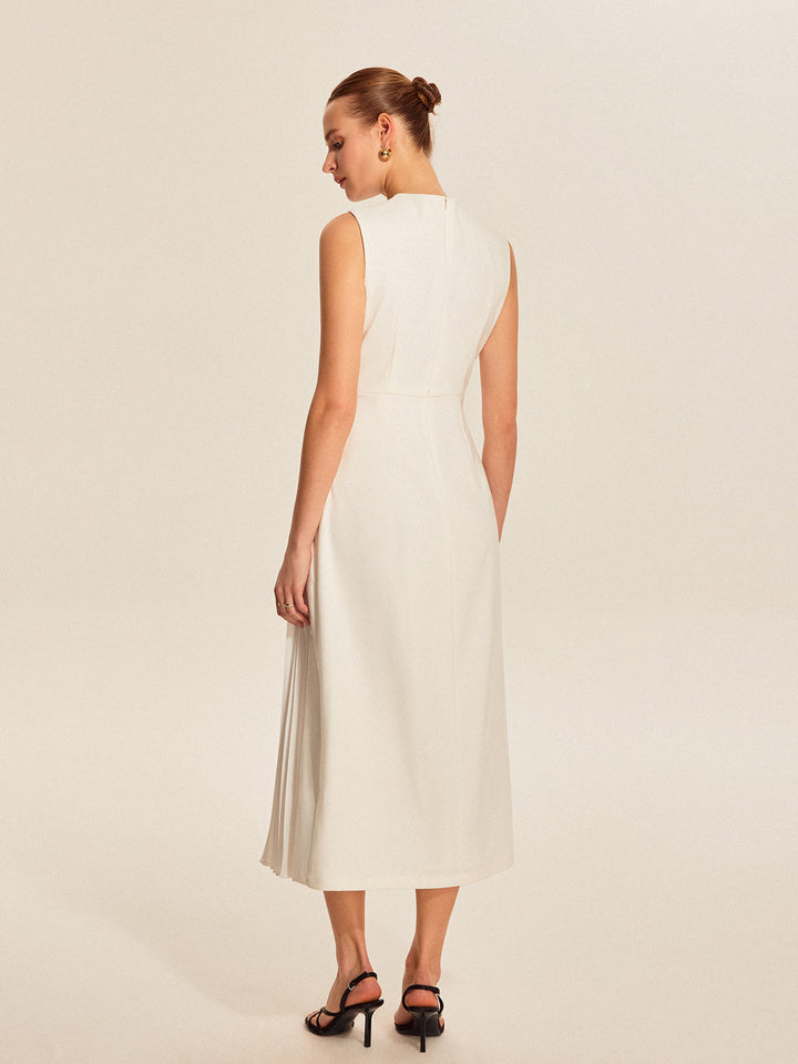 Vesper | Asymmetric Mock-Neck Womens Pleated Midi Dress Sleeveless