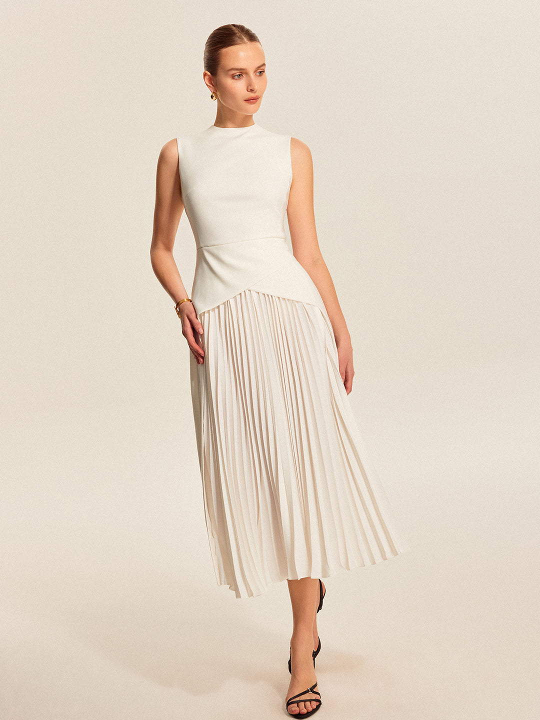 Vesper | Asymmetric Mock-Neck Womens Pleated Midi Dress Sleeveless