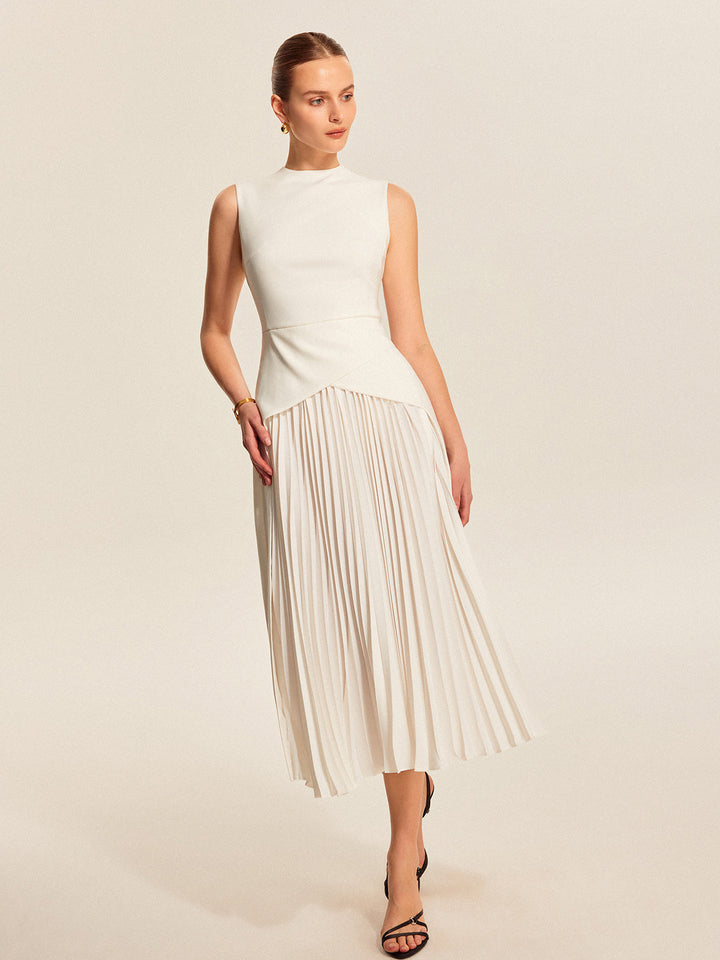 Vesper | Asymmetric Mock-Neck Womens Pleated Midi Dress Sleeveless