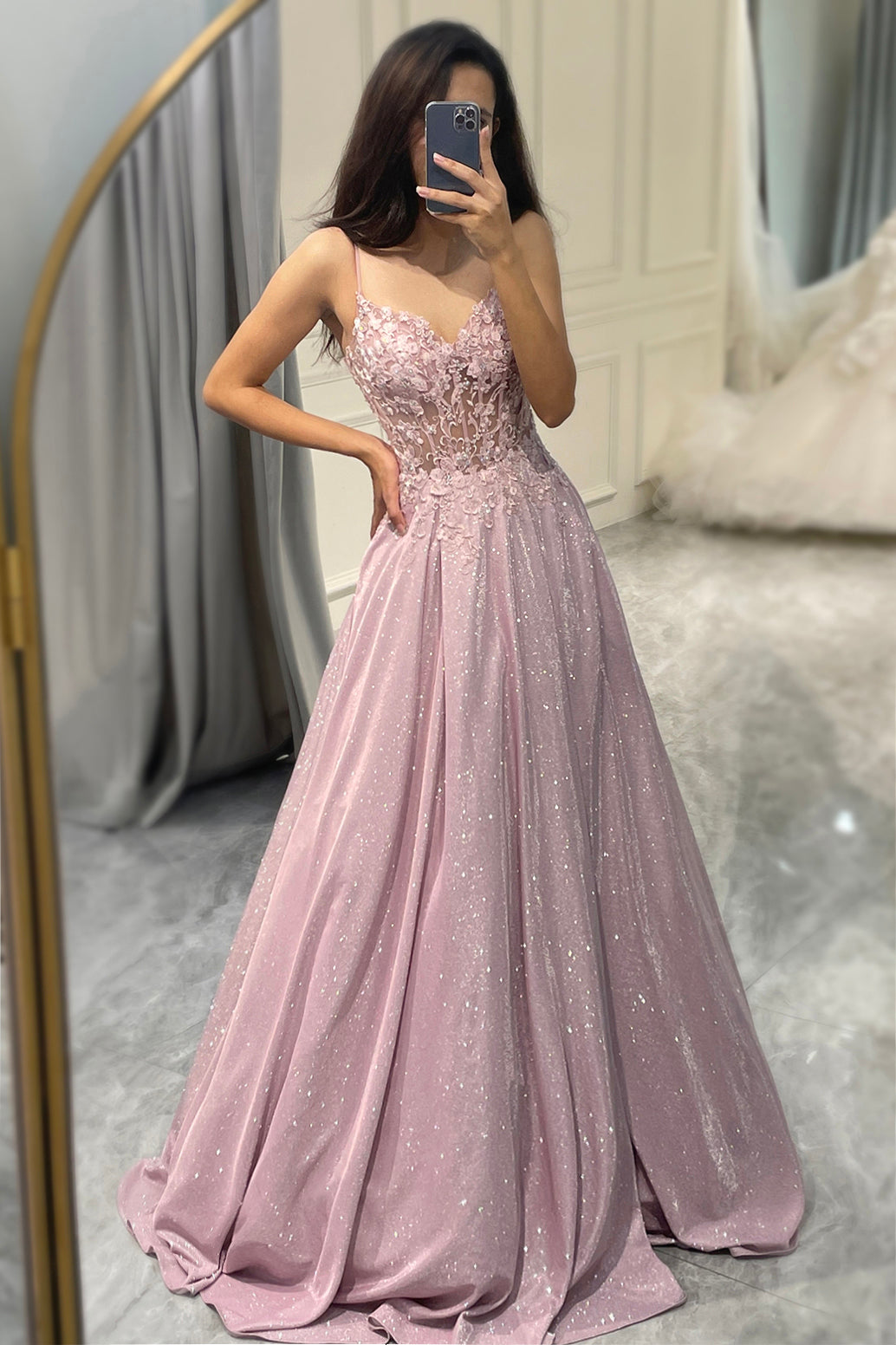 Isadora | Lace Appliqué Glitter Ball Gown Maxi Formal Dress