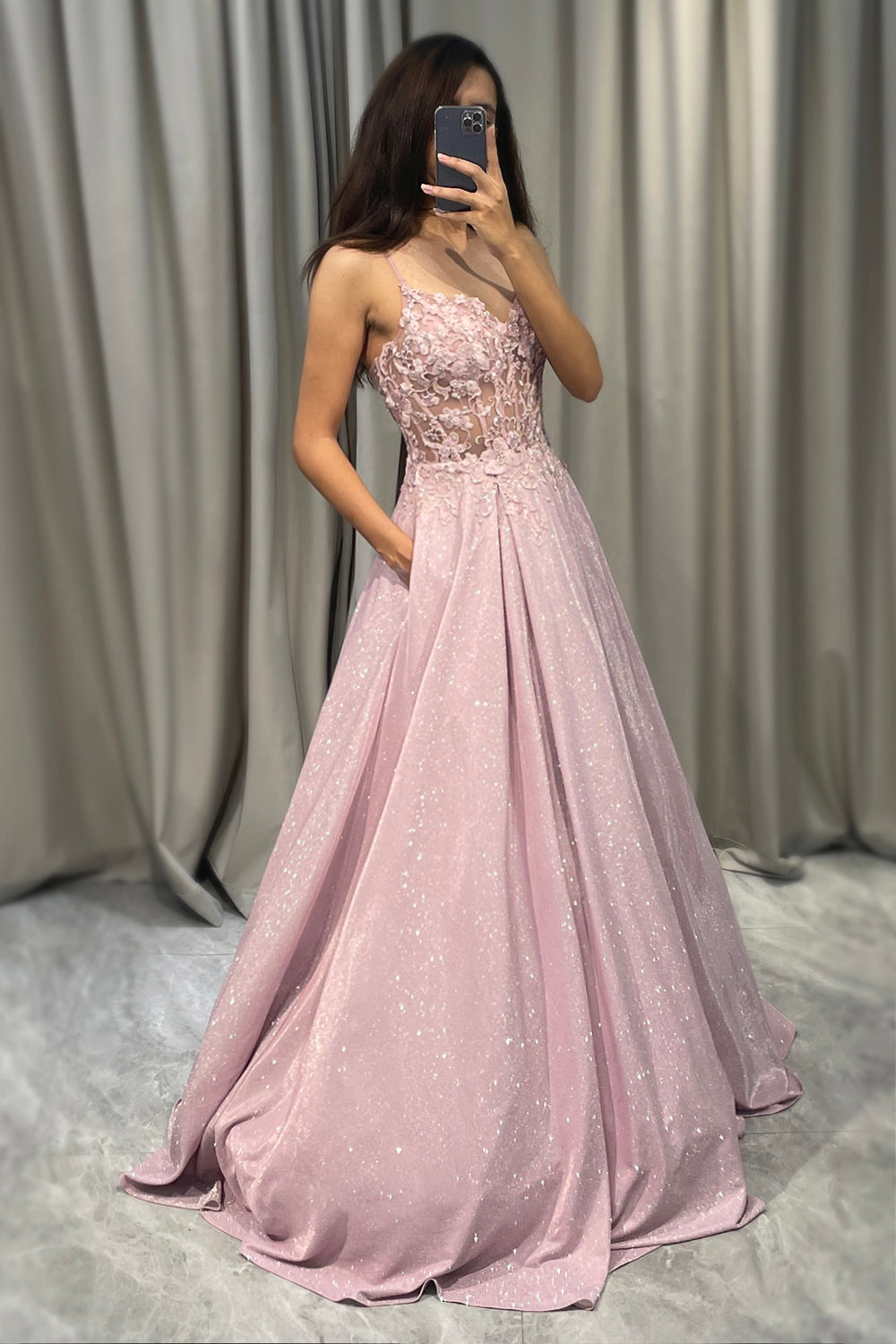 Isadora | Lace Appliqué Glitter Ball Gown Maxi Formal Dress