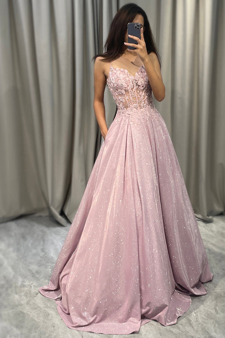 Isadora | Lace Appliqué Glitter Ball Gown Maxi Formal Dress