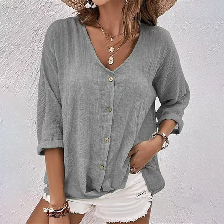Haven | V Neck Button Front Crinkle Cotton Womens Blouse