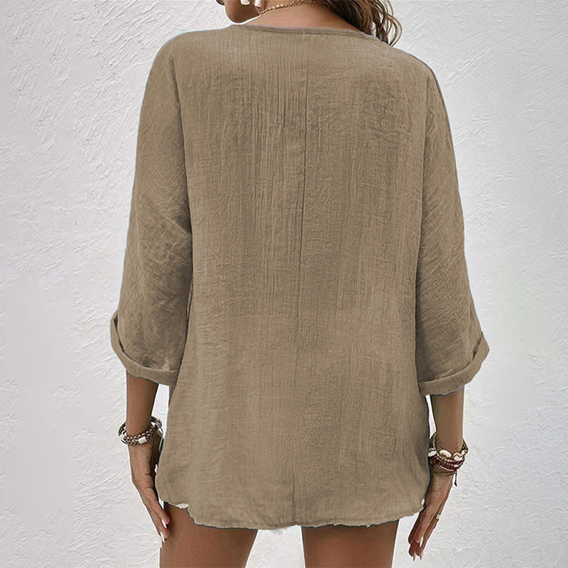 Haven | V Neck Button Front Crinkle Cotton Womens Blouse