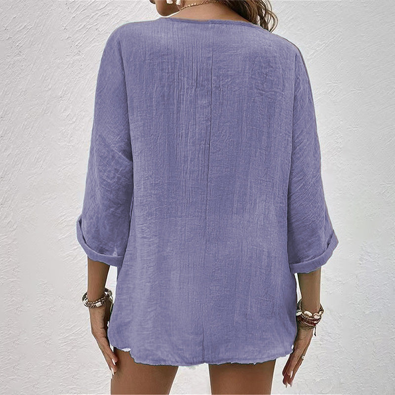 Haven | V Neck Button Front Crinkle Cotton Womens Blouse