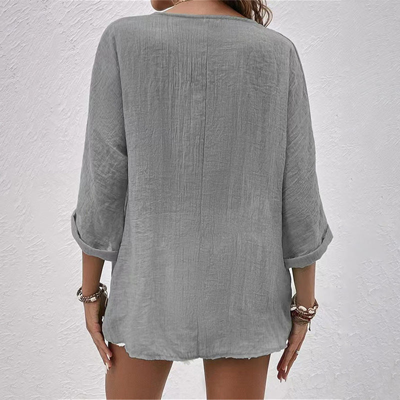 Haven | V Neck Button Front Crinkle Cotton Womens Blouse