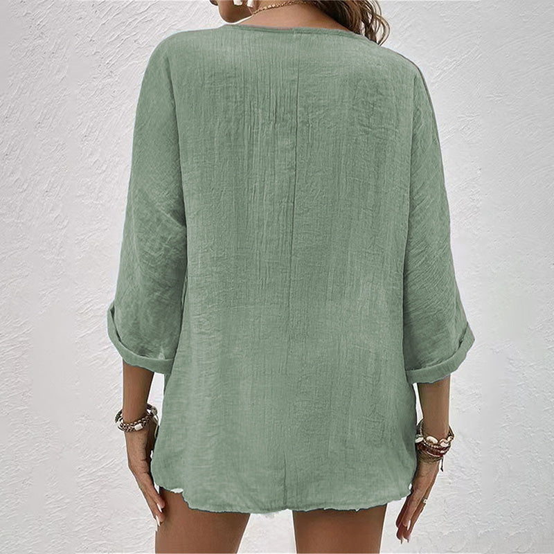 Haven | V Neck Button Front Crinkle Cotton Womens Blouse