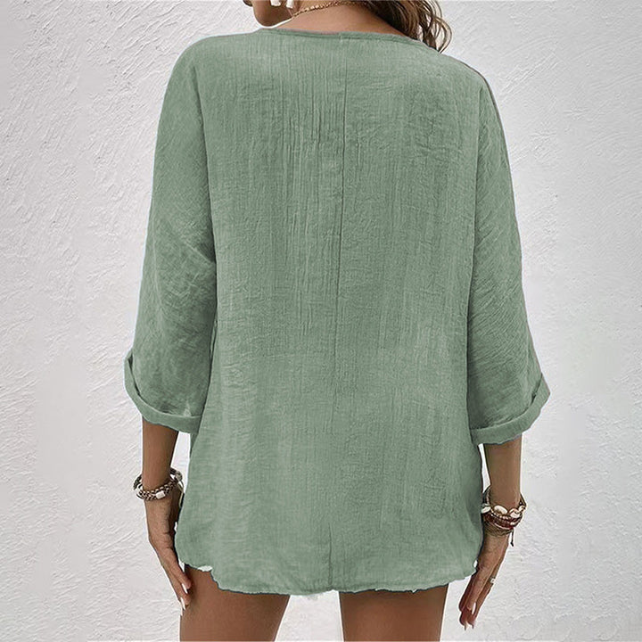 Haven | V Neck Button Front Crinkle Cotton Womens Blouse