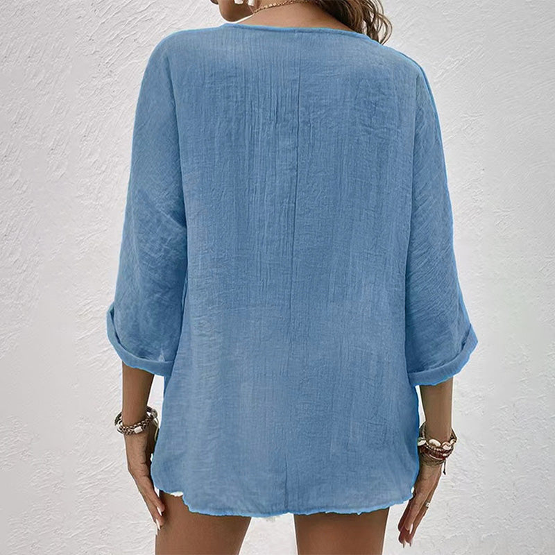 Haven | V Neck Button Front Crinkle Cotton Womens Blouse